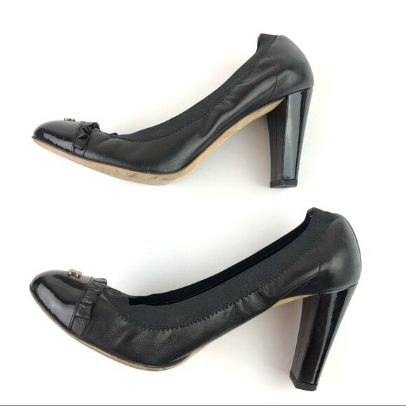 Chanel Black Lambskin Leather Ruffle CC Logo Patent Cap Toe Heels. Authentic. - Picture 8 of 14